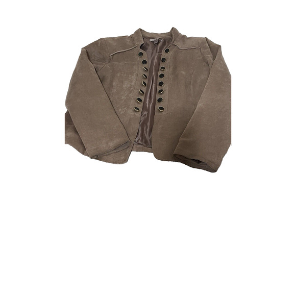 Roz &Ali Women's Jacket Faux Suede Military Tan Beige Open Front Button Accent L - Picture 2 of 8